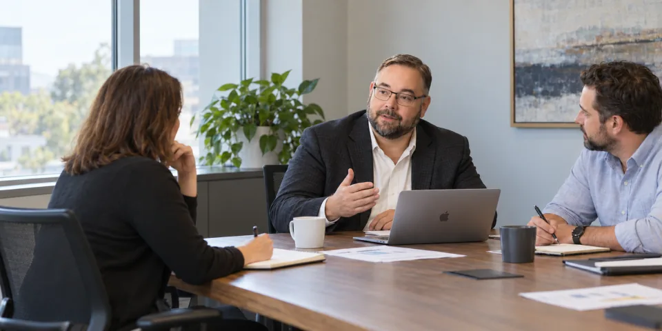 Illustration of Bill Weber leading a boardroom discussion.